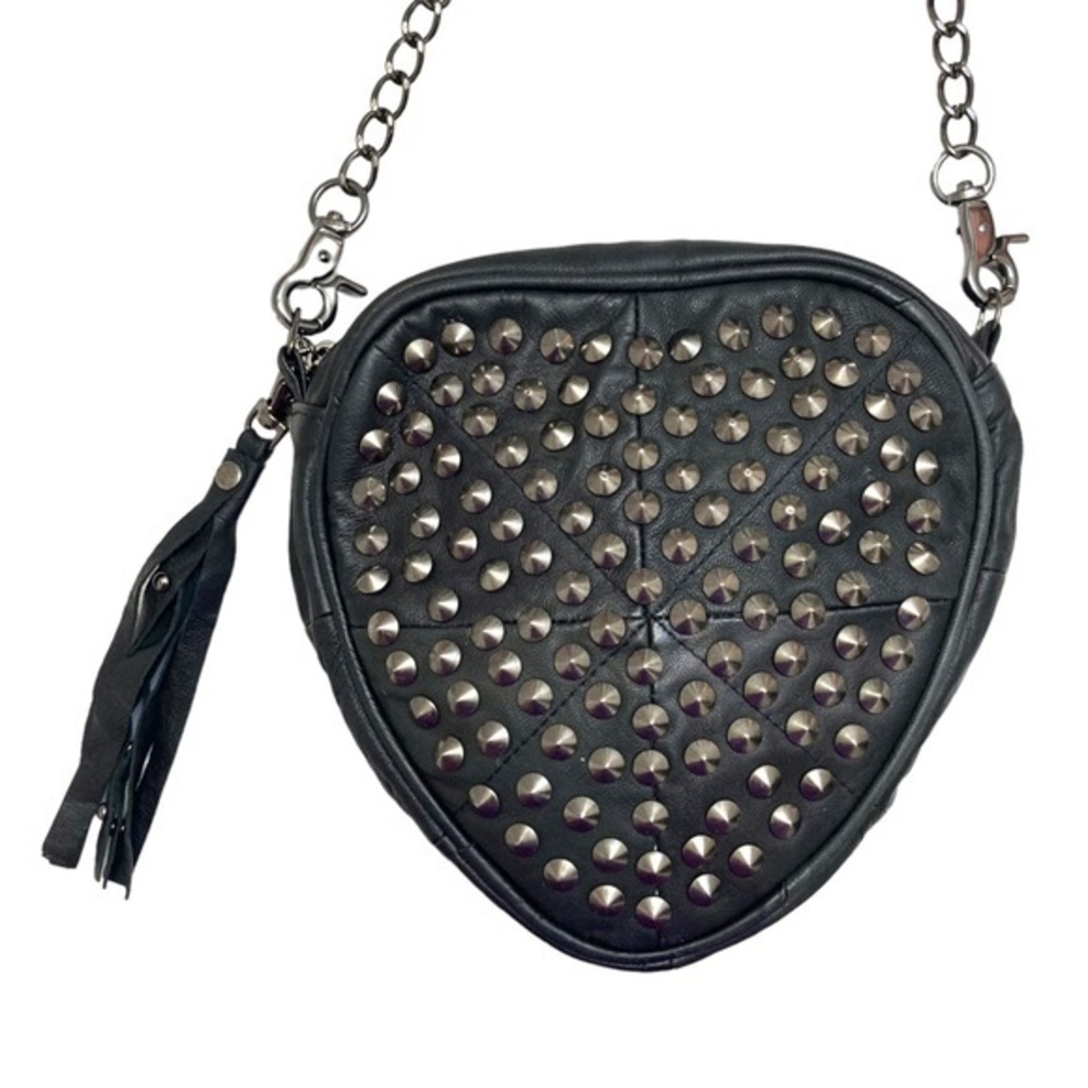 Monserat de lucca black leather silver tone studded heart crossbody bag